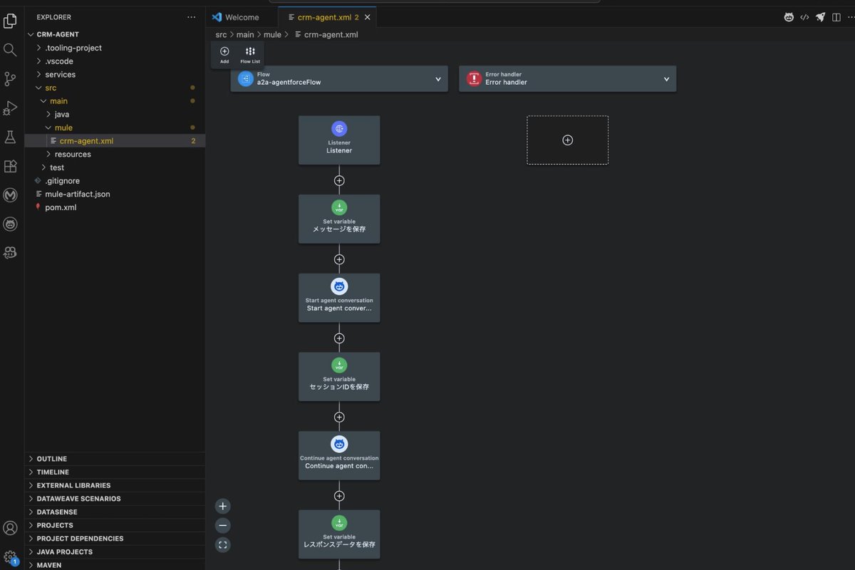 hskfwy's tweet image. 昨日のMuleSoftハンズオンで初めてAnypoint Code Builderの開発画面見たけど、VS CodeでフローがGUIで見れるから、これフロービルダーとAgentforceビルダーで欲しいと思った。
#AgentforceTour #MuleSoft