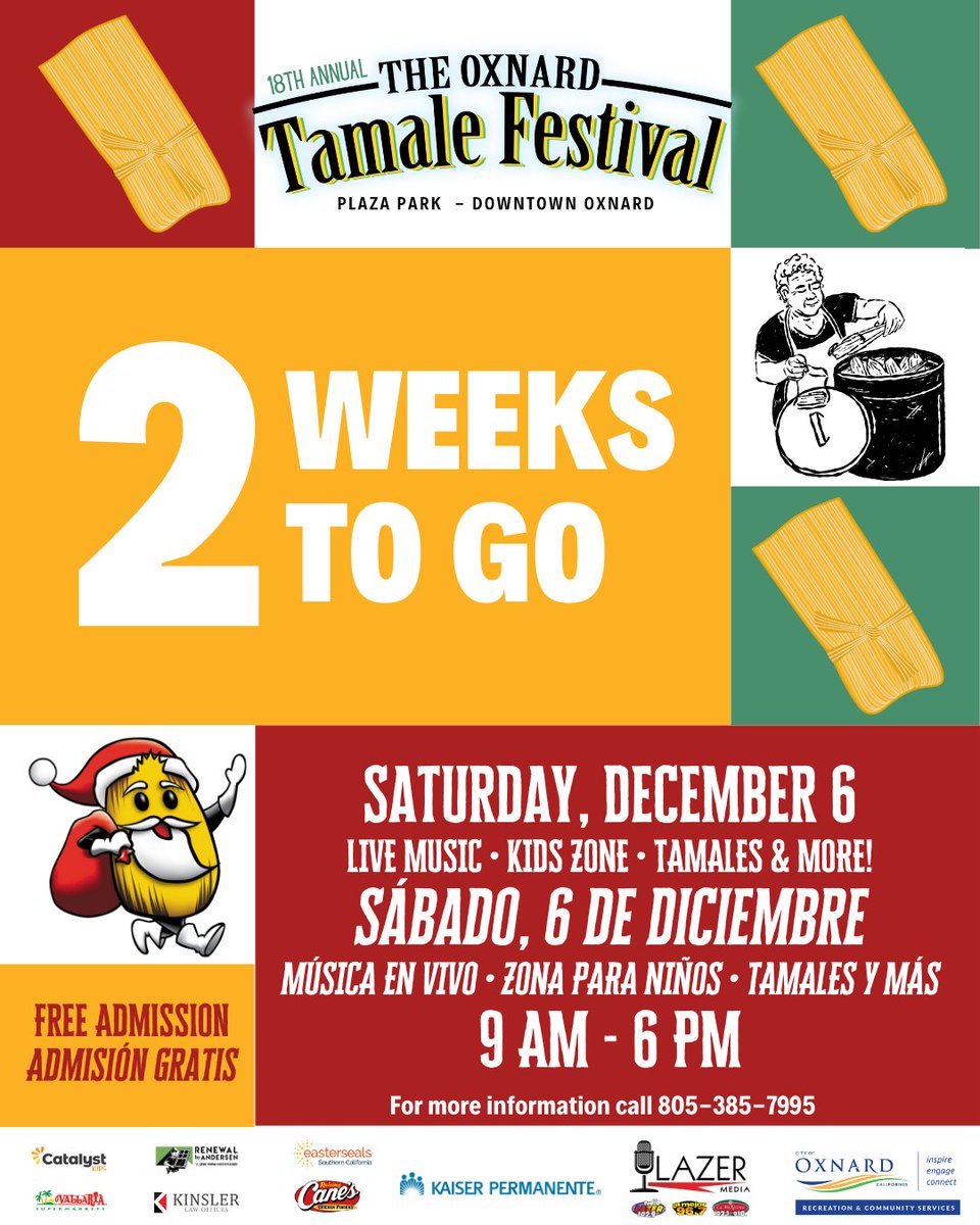 OxnardRecEvents's tweet image. 🚨  2 WEEKS UNTIL THE 18TH ANNUAL OXNARD TAMALE FESTIVAL! 🚨

✨ Join us December 6, 9 AM – 6 PM for this free community celebration. Bring your family &amp;amp; friends to experience the warmth &amp;amp; flavor of the season

#OxnardTamaleFestival #TamaleTime #FamilyFun #FreeEvent #OxnardEvents