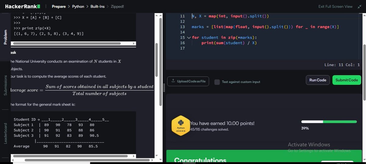 MRout75802's tweet image. Day 62/100 ✅
💡 Challenge: Zipped!
🔹 Practiced Python’s zip() to combine iterables
🔹 Learned how to rotate subject-wise marks into student-wise groups
🔹 Calculated student averages with list unpacking &amp;amp; float precision
#Python #100DaysOfCode #HackerRank #zigbee