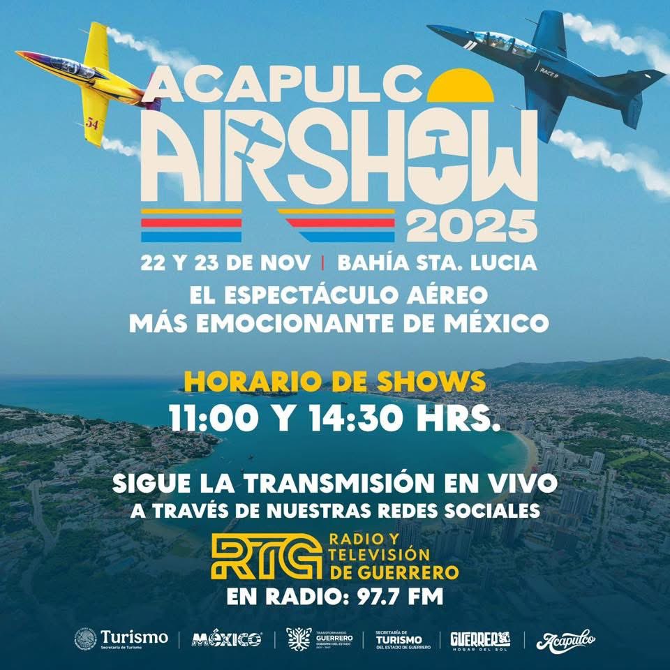 EvelynSalgadoP's tweet image. ¡Llegó el día! ✈️ Hoy el cielo de #Acapulco se llenará de acrobacias espectaculares con el #AirShow 2025, uno de los eventos más emocionantes del año.

🕚 Horarios de sábado y domingo: 11:00 y 14:30 hrs
📍 Bahía de Santa Lucía
📲 Si no pueden asistir, disfrútenlo en vivo a través…