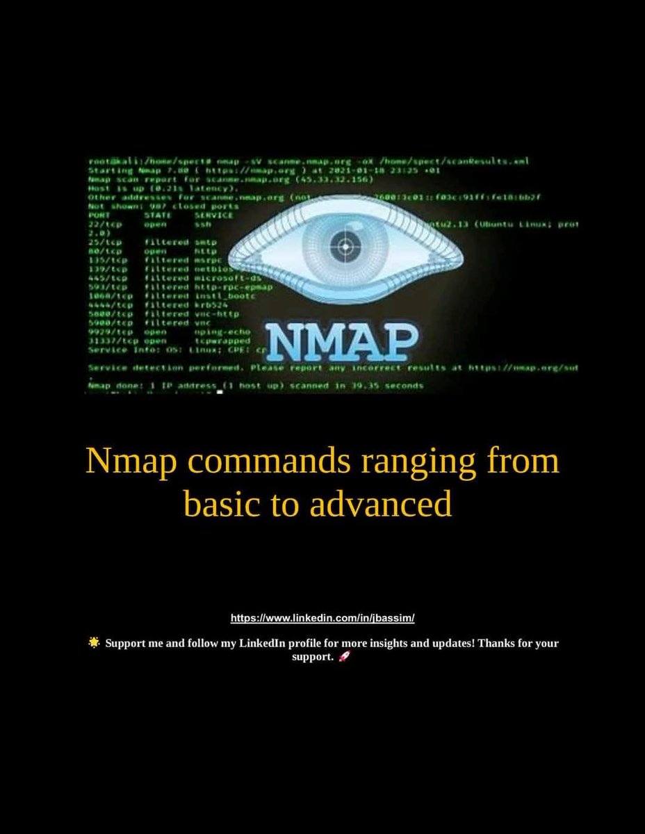Anastasis_King's tweet image. 🔍 Nmap Commands — From Basic to Advanced

🔖 #Nmap #NetworkSecurity #CyberSecurity #InfoSec #Scanning #BlueTeam #EthicalHacking #SecurityTools #NetworkMapping #CyberAwareness