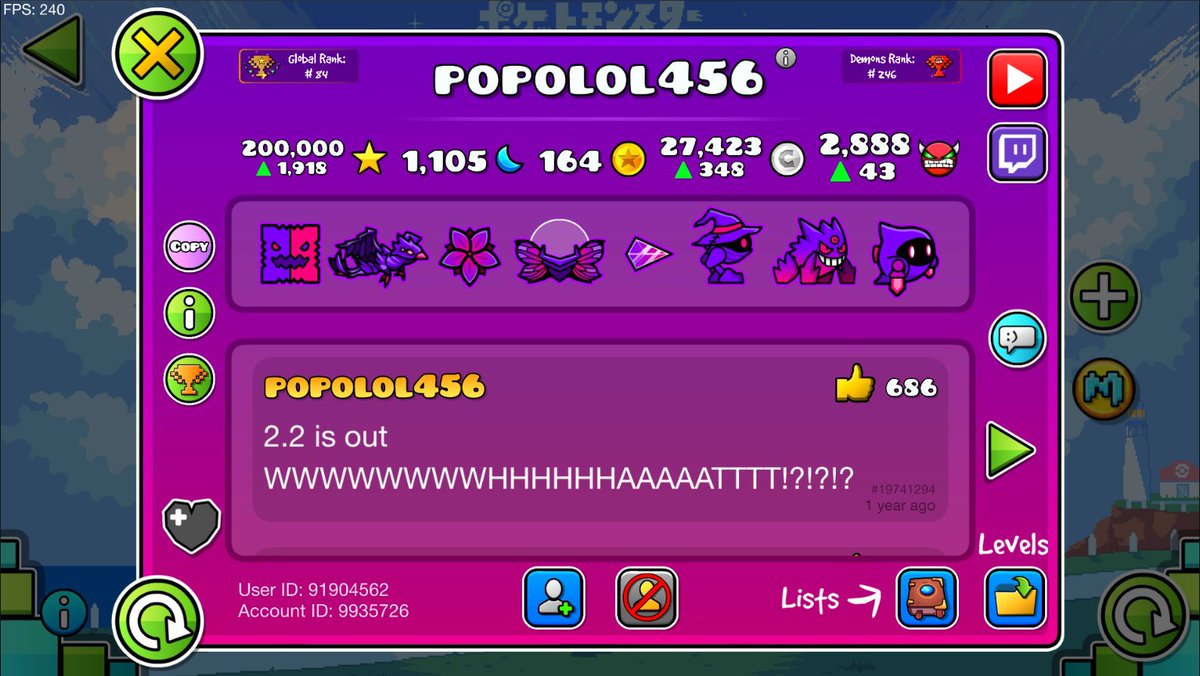 Top100Dash's tweet image. Huge congrats to popolol456 for reaching 200,000 stars! 84th player in the world to achieve it.
#GeometryDash #Leaderboards #Top100