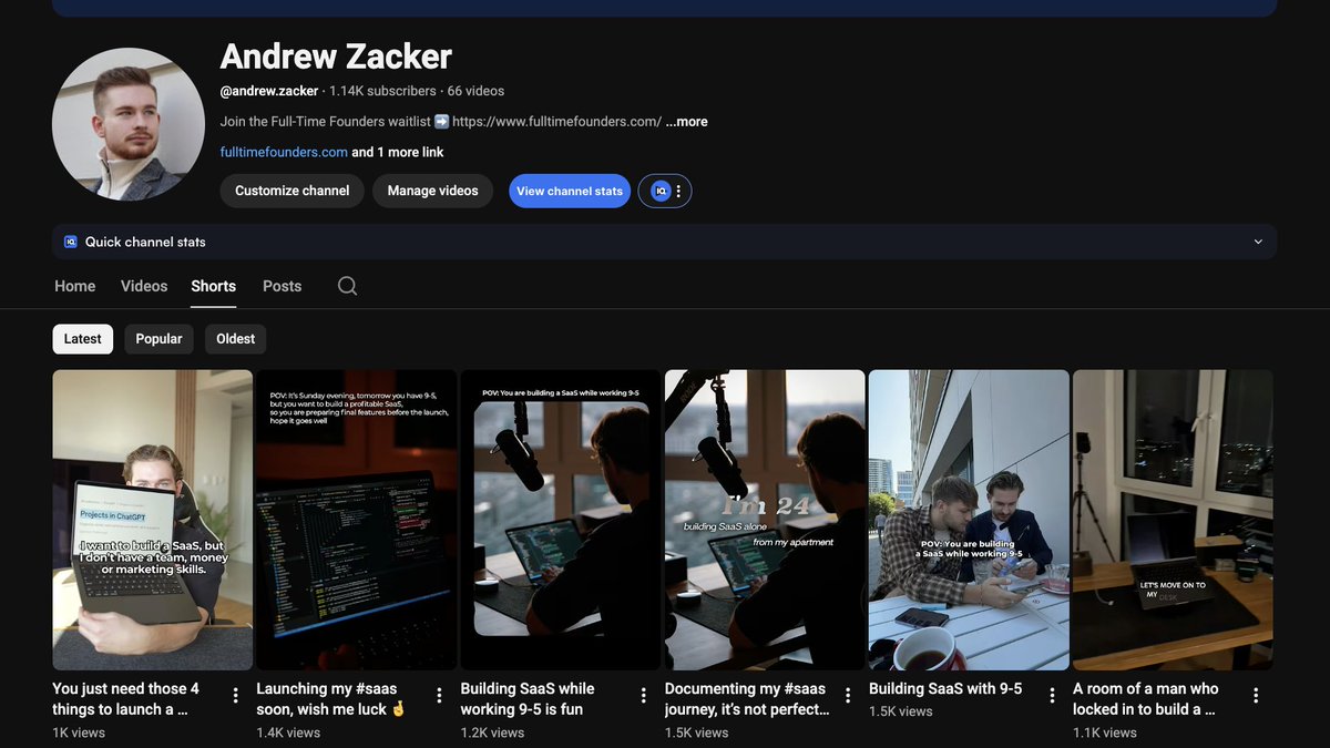 andrewzacker's tweet image. Finally started getting some consistent views in Shorts, but still need to figure out the winning format to double down on it.