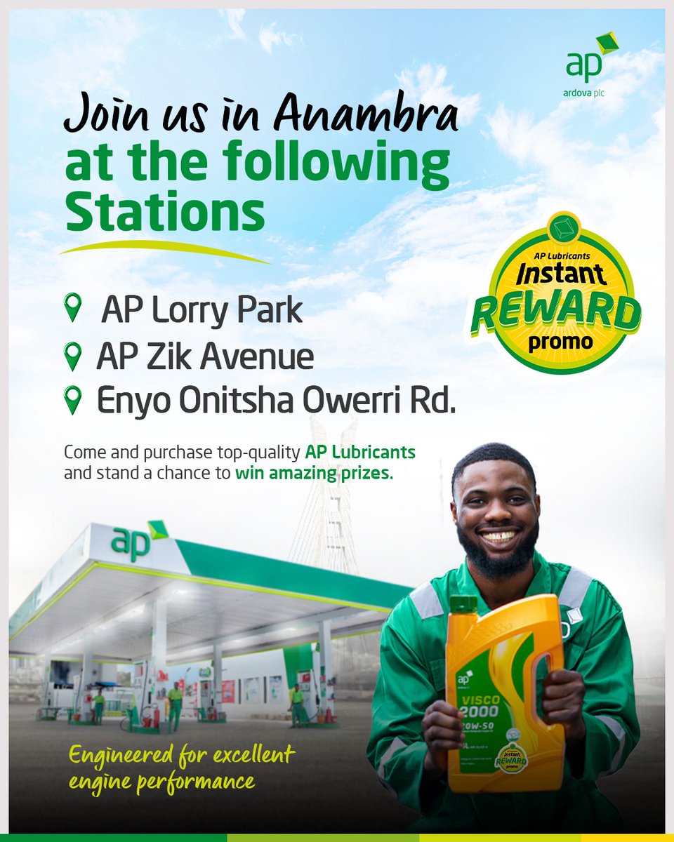 ardovaplc's tweet image. Anambra, join us for Day 2 of the Visco 2000 activation at the following stations today:

AP Lorry Park
AP Zik Avenue 
Enyo Onistha, Owerri Rd 

Don’t miss the opportunity to win amazing gift items!

#APLubricantScratchAndWinPromo
#Visco2000
#APLubricants
#Anambra