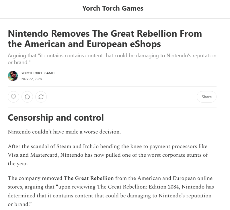 gr8_rebellion's tweet image. Check out this Substack article @YorchTorchGames wrote about NoA/NoE's decision to pull our game in the last minue - and subscribe to him while you're at it!

Link to article in comment below 👇