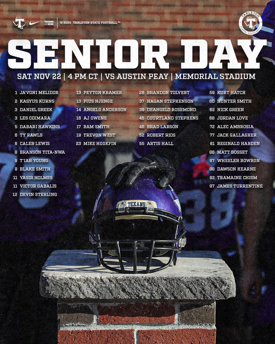TarletonPrez's tweet image. Texan Nation we need your support today for our final  @TarletonFB game of the regular season on senior day. The stakes are high, so let’s show up and show out. 4:00 pm kickoff and let’s fire that cannon! 💥💜