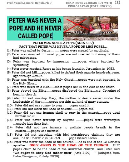 DEAR POPE LEO XIV (@pontifex),I HAVE SENT MY BOOK TO YOU DATED OCTOBER 31,2025 PROVED THAT "PETER WAS NEVER REACHED ROME AS HIS BONES FOUND IN JERUSALEM IN 1953 AND HE NEVER CALLED TO BE THE 1ST POPE SO LINUS IS THE 1ST ONE WITH TOTAL NOW 266. SHAME ON YOU AS THE KING OF SATAN.