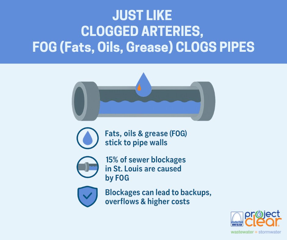 MSDProjectClear's tweet image. 💧 FOG = Fat, Oil, Grease = Clogged Pipes! 🥘🚫 Just like too much fat can clog arteries and block blood flow, FOG can build up in our sewers and cause backups. Scrape, wipe, and toss grease in the trash. Don’t pour it down the drain!