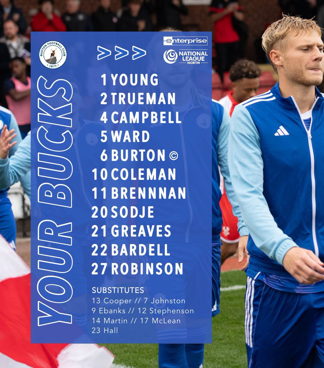📋 • 𝐓𝐞𝐚𝐦 𝐍𝐞𝐰𝐬

Kieran Burton captains The Bucks for our trip to the coast. Oli Greaves returns to the Starting XI in place of Ryan McLean. 

The Bucks will be without Connor Kirby and Deniche Hill who both sit this one out due to suspension. 

#UpTheBucks | #TeamBuxton