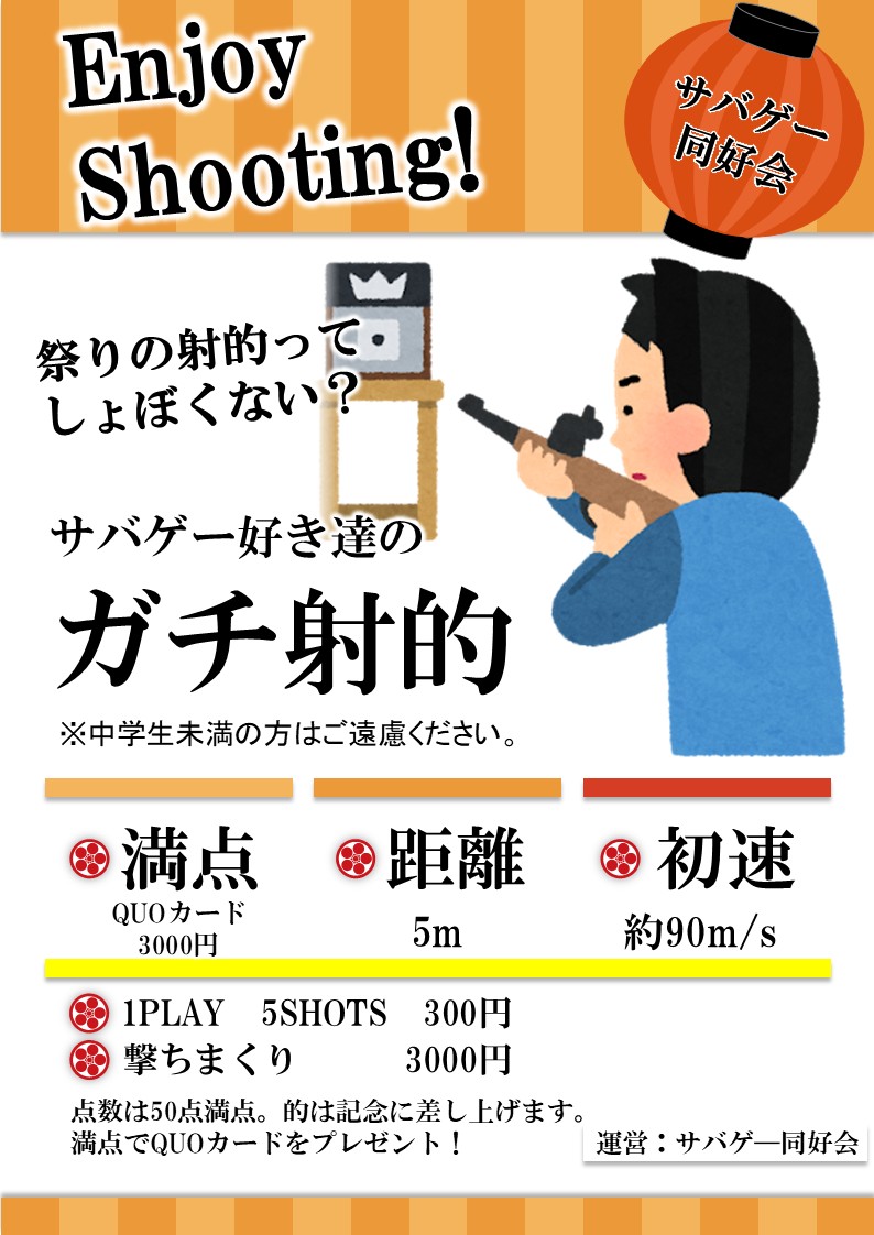 #宇都宮大学
#峰ヶ丘祭
#峰ヶ丘祭宇都宮
#サバゲー同好会

　今日は117人のお客様がご来場されました。
　その中で２人のお客様が3000円のプランを選んでくださり、そのうち１名のお客様から広報写真として使用する許可をいただきました。
　それをふまえ3000円コースの面白さを今から伝えていきます。