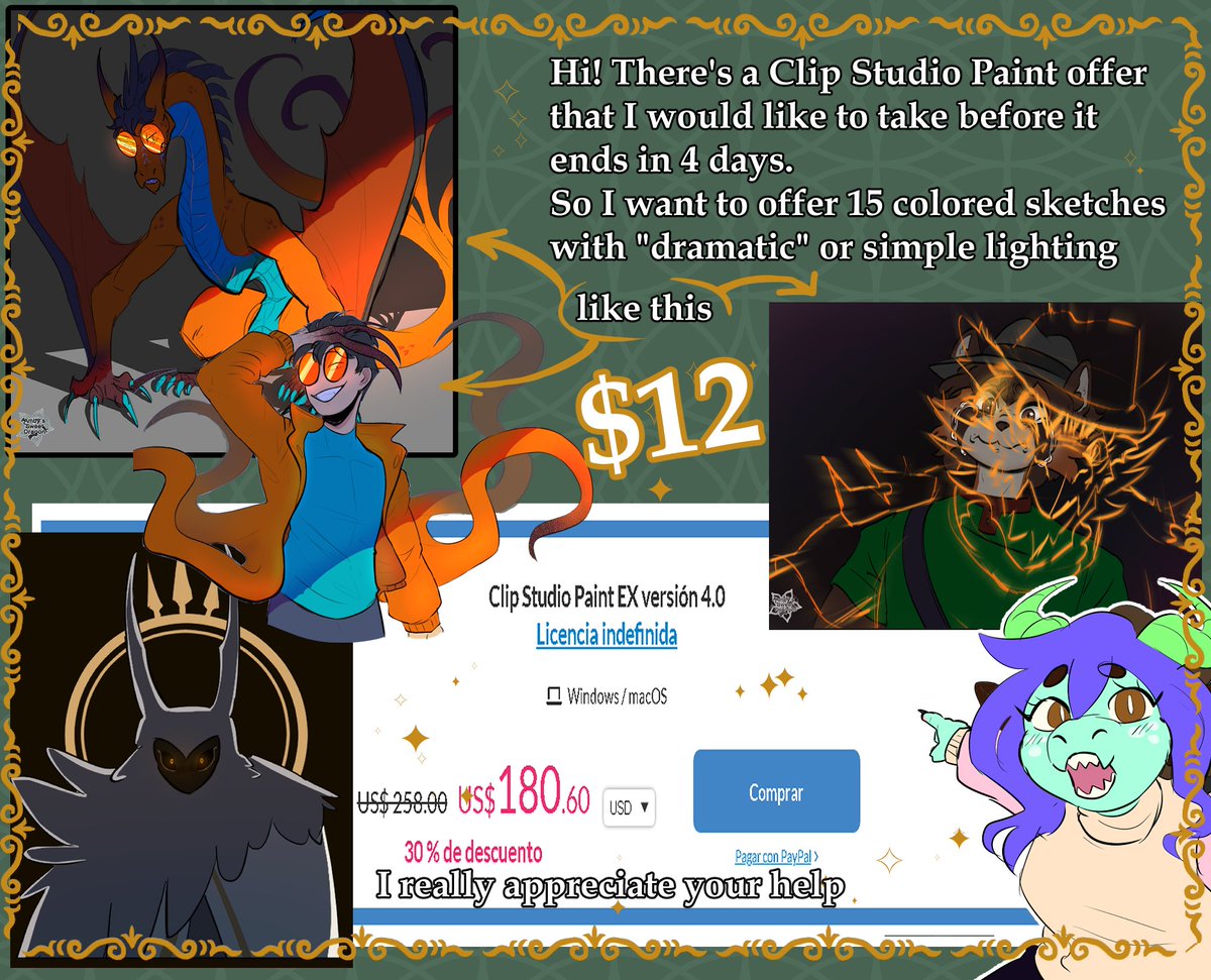 Hi! Well I've been using Clip Studio Paint Pro 2.0 for a couple of years now, and I would like to be able to upgrade the program taking this offer 💚 #furry #fursona #monster #digitalart #commission #sketch