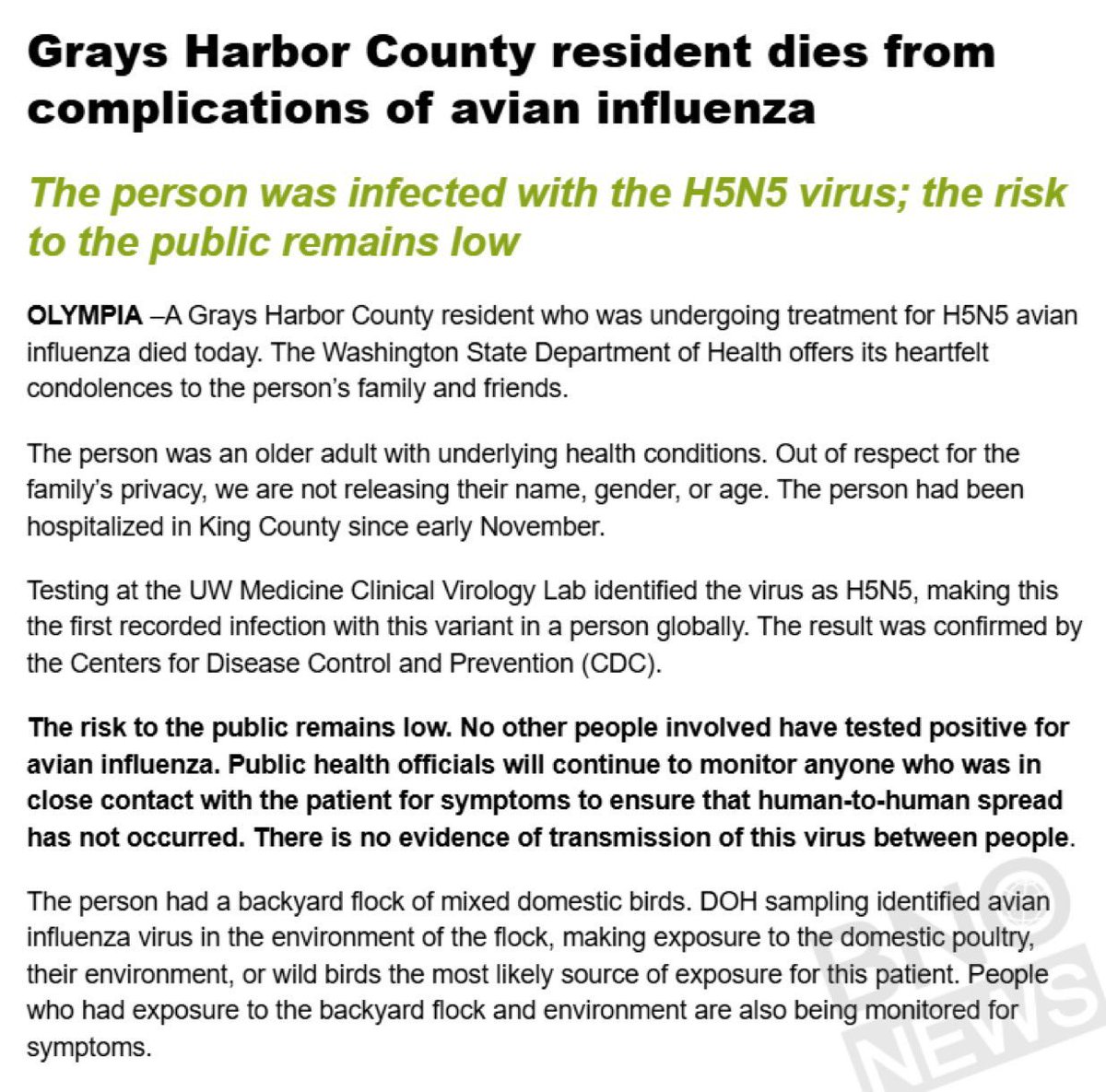 EddieRDMD's tweet image. Washington state resident dies from H5N5 bird flu – the first human case of this specific clade ever reported in humans 🦠😷

No evidence of human-to-human transmission yet, but officials are monitoring closely.  🐔🚫

#BirdFlu cnn.com/2025/11/21/hea… @_atanas_