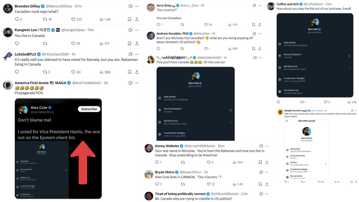 EricLDaugh's tweet image. 🚨 JUST IN: &quot;Kamala Harris voter&quot; Alex Cole is being EVISCERATED in his replies after X&apos;s country location feature exposed him as Canadian.

He says &quot;our country,&quot; referencing the USA.

&quot;Stay the F out of our business, fraud!&quot; 🤣

&quot;Worry about your own country and the sht…