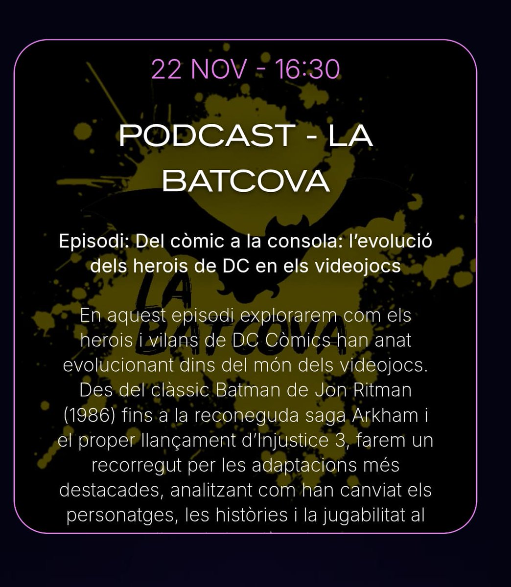 Això serà en una estoneta:

La Girotronica
<a href="/LaGirotronica/">LaGirotrònica</a>

🗓️ disabte 22
🕥 16.30 hores
📍 Palau de fires de Girona - espai podcast primera planta

Us parlarem dels videojocs  del món DC Comics
Del Batman de Ritman del 86 al proper Injustice 3. Us hi esperem.
