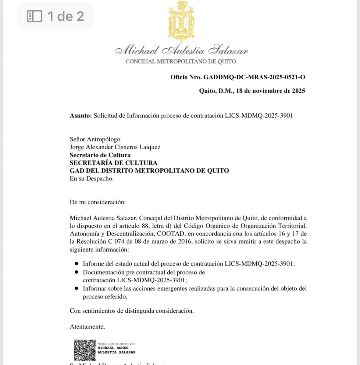 mikeaulestia's tweet image. #Quito| El 18 de noviembre solicité información, a la Secretaria de @culturaquito, que aún no ha sido respondida, por los diferentes hallazgos, dentro de este proceso, que detallo a continuación:

* Explicación del por qué la base legal usada en sus documentos preparatorios no…