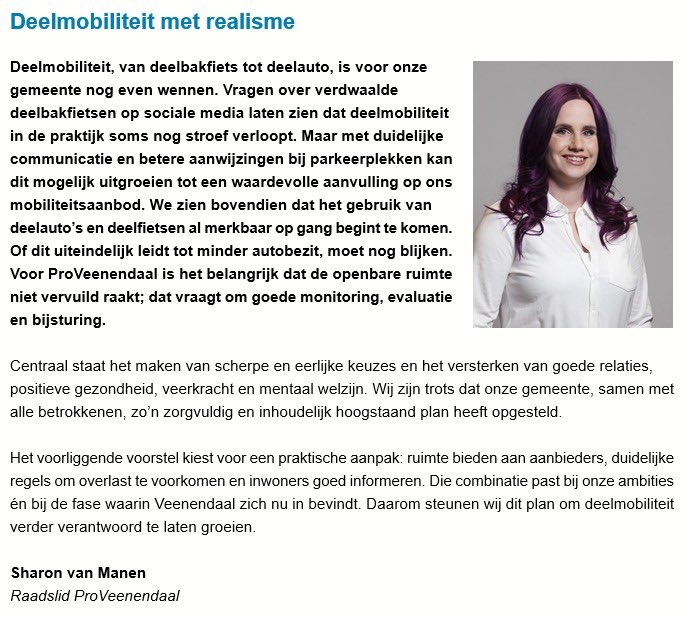 Deelmobiliteit met realisme, stap voor stap bekijken we of de inwoners van Veenendaal gebruik gaan maken van deze optie. Ruimte voor de ondernemers die dit aanbieden binnen de kaders van het bestaande beleid .

#proveenendaal #politiek #deelmoboliteit #lijst1