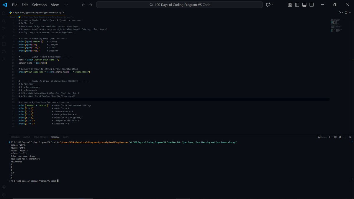 ahmad_logiccode's tweet image. [Python] Day 2 of my #100DaysOfCode journey

Exploring Data Types, Numbers, Operations, Type Conversions &amp;amp; f-Strings
The session ends with a practical mini project — Tip Calculator.

#Python #CodingJourney