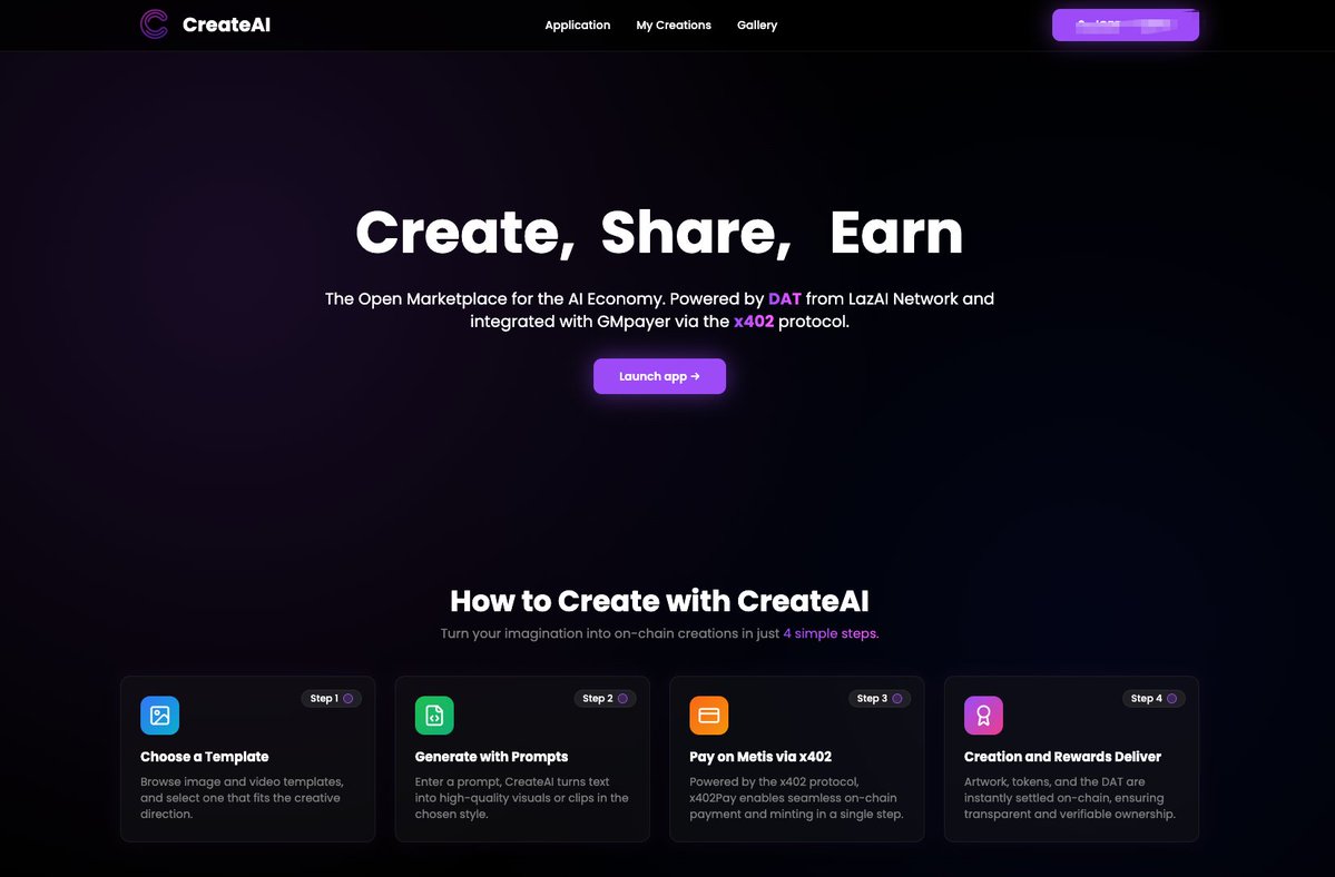 EvaCmore's tweet image. 错过 Meitis 上的 x402，现在可以来玩 Xzuki Creative Challenge。这次活动就是围着 CreateAI 推出来的，活动主要是让大家体验产品的核心玩法。

参与链接🔗 createai.fun

【总奖池】100 METIS（≈ $1000）
投稿：11 月 19–23 日
投票：11 月 23–25 日

【参与方式】
01） 在 CreateAI…