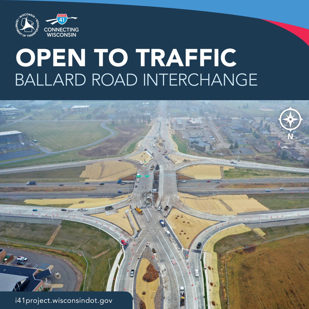 I41projectWI's tweet photo. 🚧 BALLARD ROAD IS OPEN TO TRAFFIC! 🚧

The Ballard Rd interchange is now open to traffic in Outagamie County! Crews worked diligently through weather challenges to put the finishing touches on the Diverging Diamond Interchange (DDI). 
🔗 https://t.co/SOwi2MC4ub https://t.co/pCVASYHnmp
