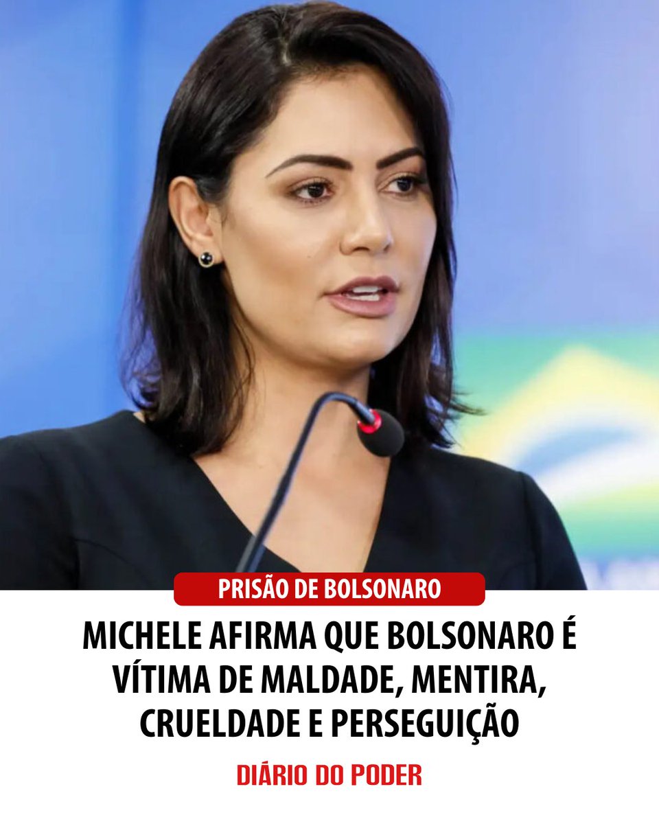 diariodopoder's tweet photo. A ex-primeira-dama Michelle Bolsonaro publicou mensagem nas redes sociais em resposta à prisão do marido, ex-presidente Jair Bolsonaro, ocorrida nas últimas horas. No texto, ela afirma que não desistirá do país e que confia “na Justiça de Deus”, classificando o processo contra o marido como fruto de “maldade humana, da mentira, da crueldade e da perseguição exacerbada”.
