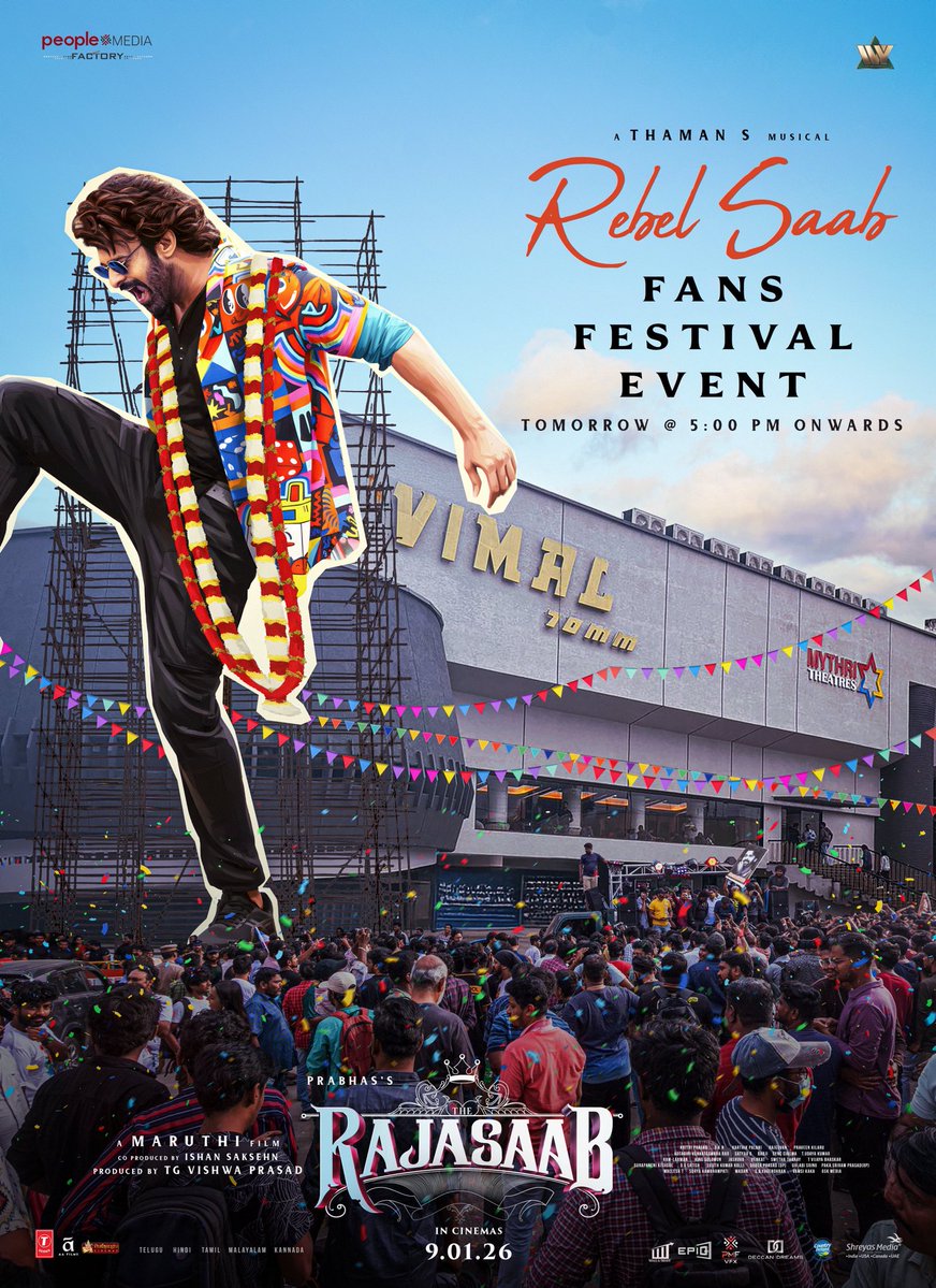 MyLifeIsAnupama's tweet image. The celebration begins 🔥

#RebelSaab Fans Festival Event tomorrow at Vimal Theatre from 5PM onwards. 

Let’s turn the evening into a full on carnival 💥💥

A @MusicThaman musical vibe 🎧

#TheRajaSaabOnJan9th 

#PrabhasRaju @MalavikaM_ @DirectorMaruthi