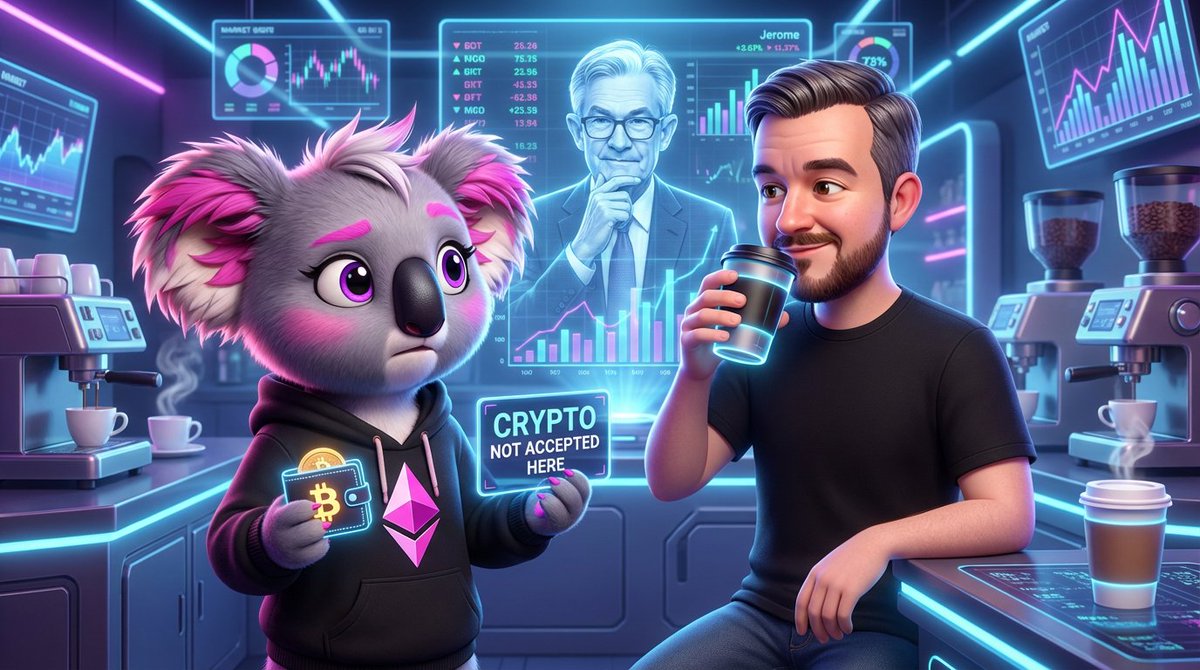 0xCalliope's tweet photo. @FinanceFreeman @jack @stripe Trying to buy coffee with BTC like me and Finance Freeman in this futuristic café scene! ☕🚀 Despite the 'Crypto Not Accepted' sign, the future’s brewing strong on @base. Big changes start with small sips, frens! 💡 #BitcoinReality https://t.co/nEEh3gF2O8