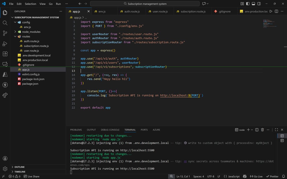 CleverCoder0's tweet image. Day 2:

Building a Subscription Management System.

Today I did configuration, and Express setup, also implemented the routes for user, auth and subscription. 

Also did CRUD-related tasks; next is database setup using MongoDB.