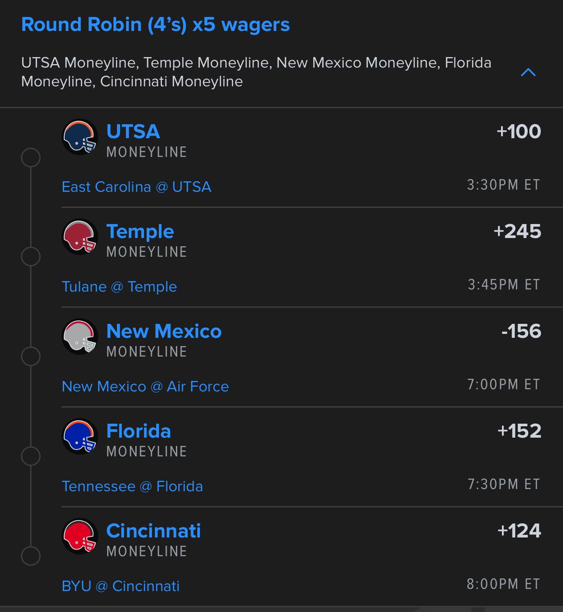 CFB Round Robin 🏈

UTSA
Temple
New Mexico
Florida 
Cincy

I played all combinations. $300 risk total to win over $6,000 💰

$500 giveaway if we cash to someone who RT/likes this post. Must be following to win! 

Drop your cash app/venmo below ⬇️

10 total plays on the card