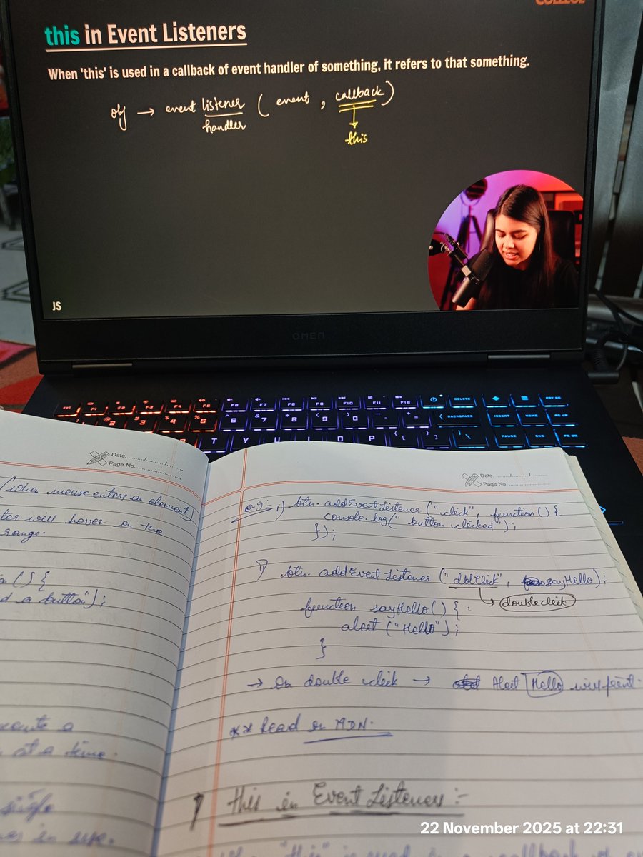 growing_phool's tweet image. #Day 49 of #90dayscodingchallenge 
- learned only a single topic today : this in Event listener.
- couldn't do a workout due to a tight schedule at work.
- adding protein as a priority in my daily diet from today.
41 days to go.
Signing off.
#WinterArc #JavaScript #buildinpublic