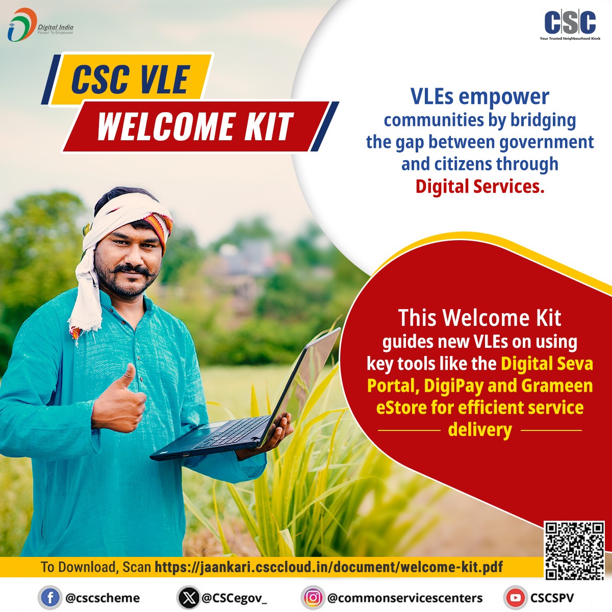 CSCegov_'s tweet image. CSC VLE Welcome Kit...

VLEs empower communities by bridging the gap between government and citizens through digital services. This Welcome Kit guides new VLEs on using key tools like the Digital Seva Portal, DigiPay, and Grameen eStore for efficient service delivery.

To…