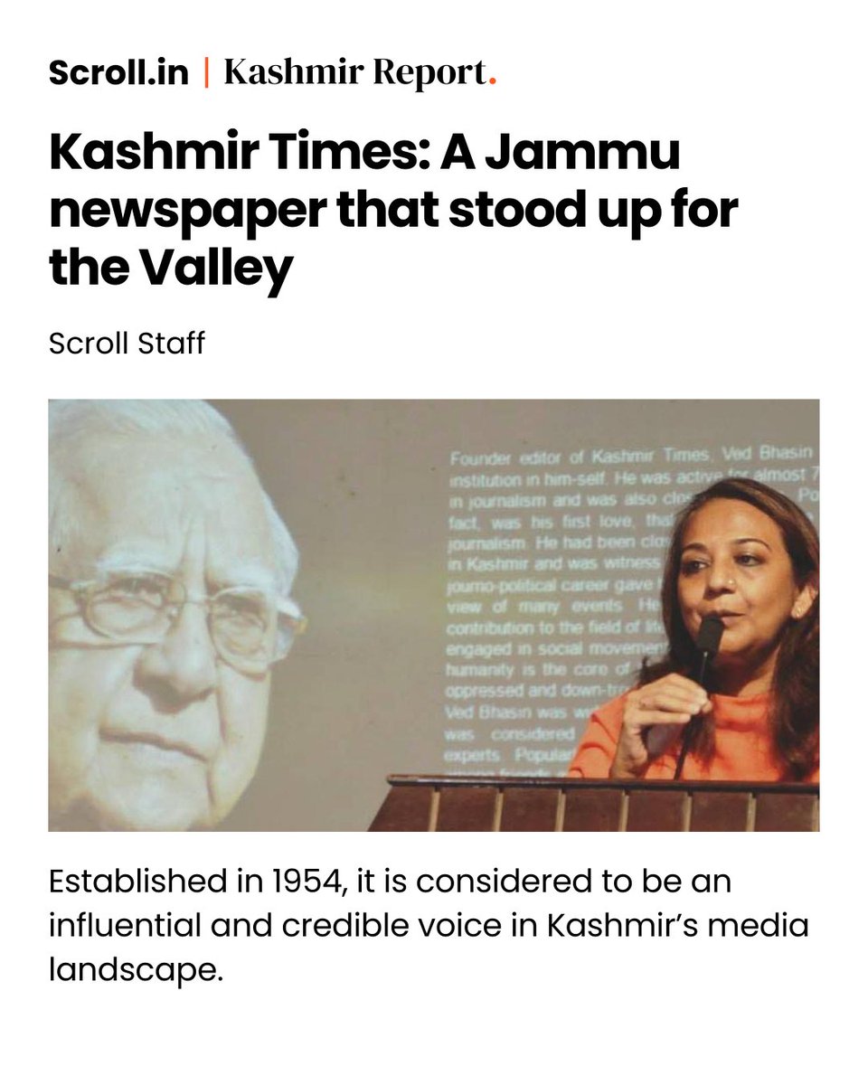#KashmirTimes’s record of standing up to diktats from various actors in a conflict zone earned it a solid reputation. According to a former staffer, founder Ved Bhasin refused to let his newspaper become a tool of government propaganda. 

Read more: scroll.in/article/108871…