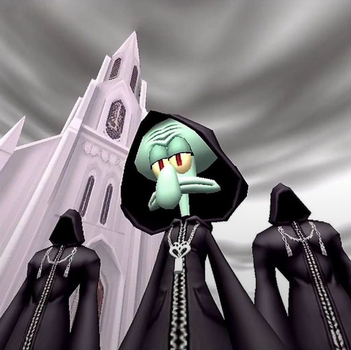 kind_dev_'s tweet photo. the Squidward cult

https://t.co/mpPE5IU0QU

The “Squidward Cult” is one of those classic 4chan-style surreal fandom jokes where a totally normal character—in this case Squidward from SpongeBob—gets turned into something mysterious, ominous, or pseudo-religious for no reason other than comedy.

The meme usually features Squidward dressed in dark robes, standing in front of Kingdom Hearts–style Organization XIII members, or surrounded by hooded figures like he's some kind of eldritch prophet. Anons treat it like a spooky but weirdly wholesome cult, where Squidward is the central figure of worship.