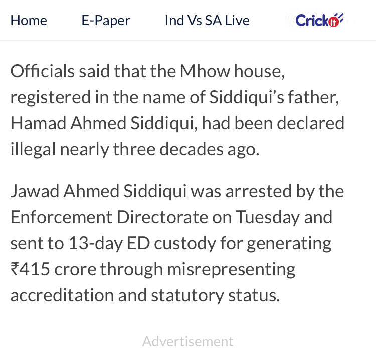 doc_sacharr's tweet image. The founder of #AlFalah University Jawad Ahmed Siddiqui has had an illegal house in his Father’s name situated under the area of the Millitary Headquarters of War (MHOW) Cantonment Board of the #IndianArmy @adgpi @DefenceMinIndia since atleast 03 decades. Not much action. 

His…