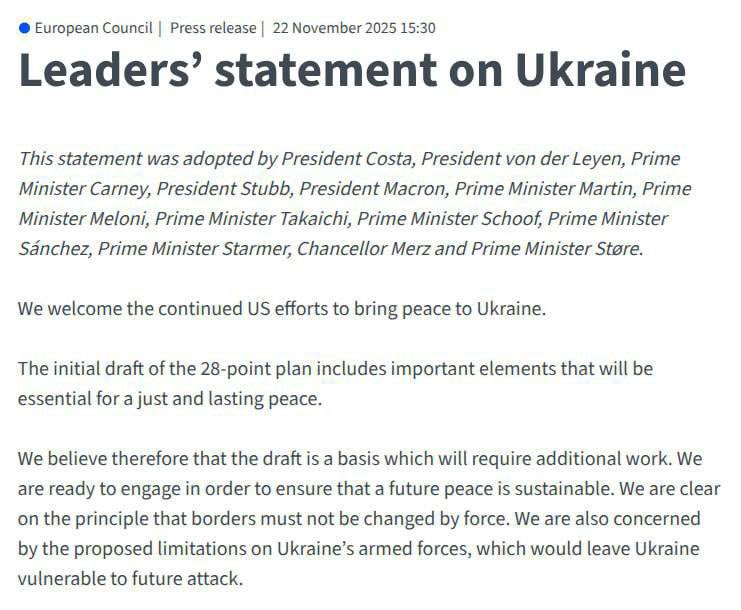 AmourskyCyrille's tweet image. 🇺🇦❗️Déclaration conjointe des dirigeants de l’UE, du Royaume-Uni, du Canada et du Japon concernant les « initiatives de paix » de Trump : le plan nécessite un travail supplémentaire, les frontières ne doivent pas être modifiées par la force :

« Nous saluons les efforts continus…