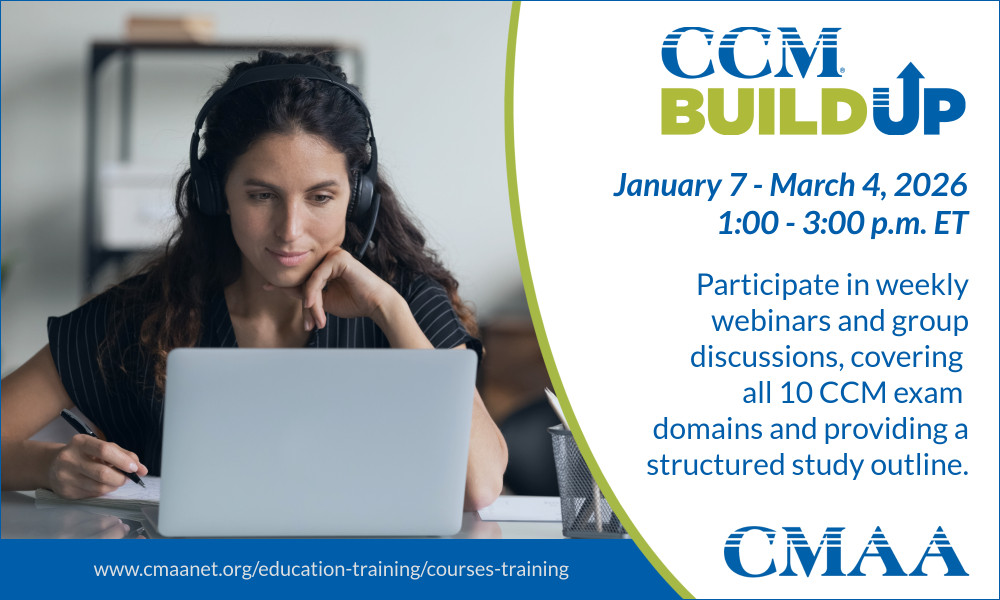 CMAA_HQ's tweet image. Ready to earn your #CCM? The next CCM Build Up, Jan. 7 - March 4,  is your guided study experience to master exam preparation. Over nine weeks, you&apos;ll participate in weekly webinars and group discussions, covering all 10 domains in the exam. Start here: ow.ly/Nqh350XqFQc
