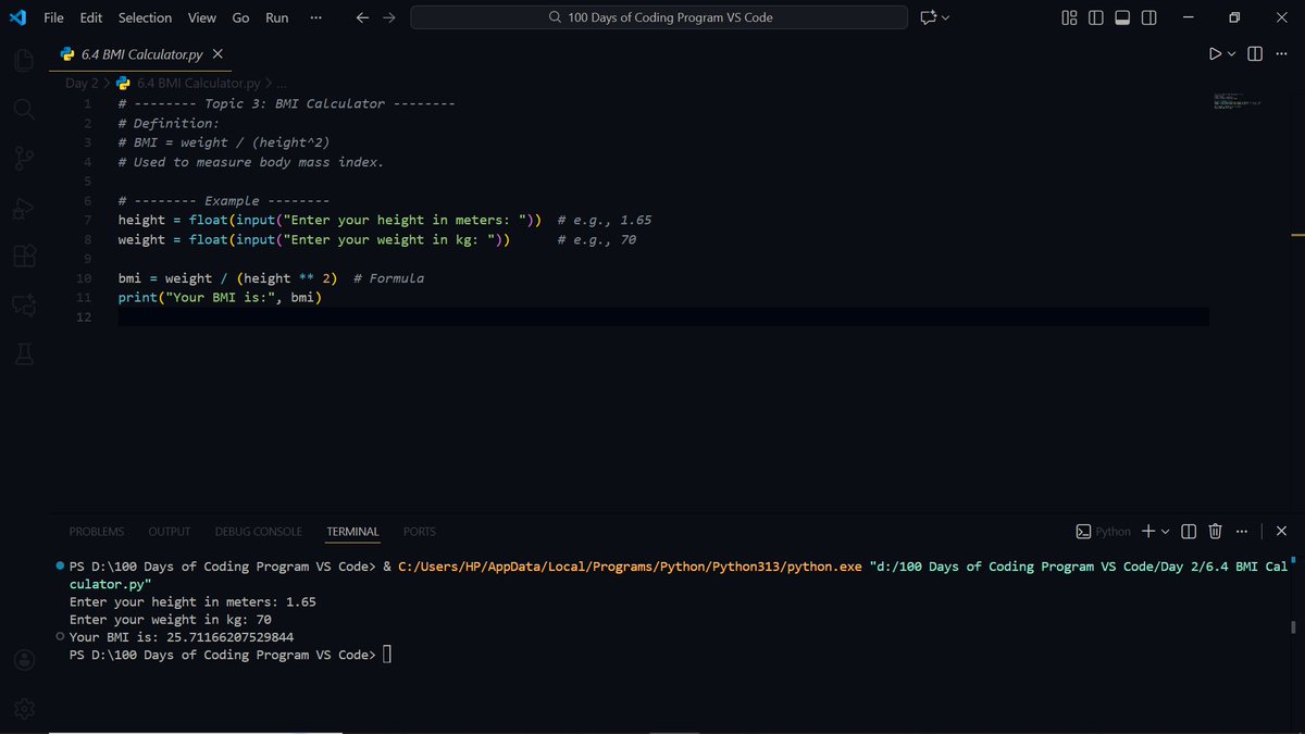 ahmad_logiccode's tweet image. [Python] Day 2 of my #100DaysOfCode journey

Exploring Data Types, Numbers, Operations, Type Conversions &amp;amp; f-Strings
The session ends with a practical mini project — Tip Calculator.

#Python #CodingJourney