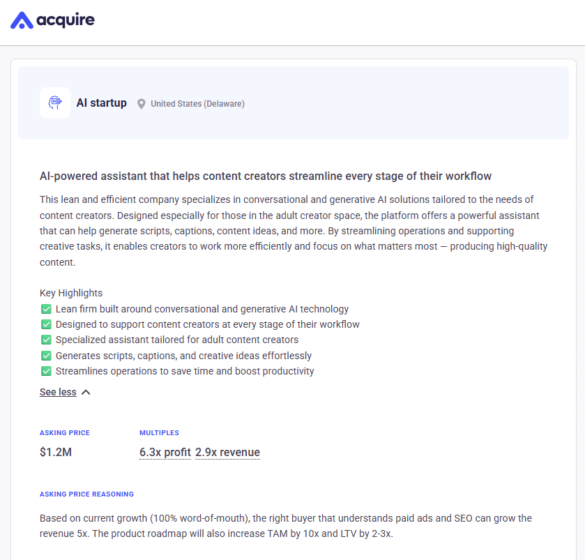 전년 대비 3000% 성장!
@acquiredotcom에서 지금 바로 생중계됩니다: 콘텐츠 제작자가 워크플로를 간소화할 수 있도록 구축된 AI 어시스턴트 SaaS.
> $412K TTM 수익
> $192K