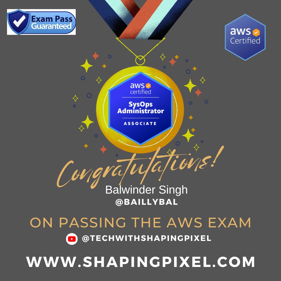 shaping_pixel's tweet image. 🎉👏 Huge congratulations to Balwinder Sign (@baillybal) for successfully passing the AWS Certified SysOps Administrator – Associate (SOA-C02) exam!
#AWS #SysOps #SOAC02 #CloudComputing #CertificationSuccess #TechMilestone #CongratsBalwinde