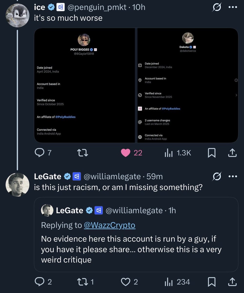 BLUE Polymarket badge (staff member), calls out WHITE Polymarket badge (the user), for being racist to PINK Polymarket badge (the fake e girls), because WHITE Polymarket badge, called out PINK Polymarket badge, because PINK Polymarket badge, shouldn’t have a PINK Polymarket badge