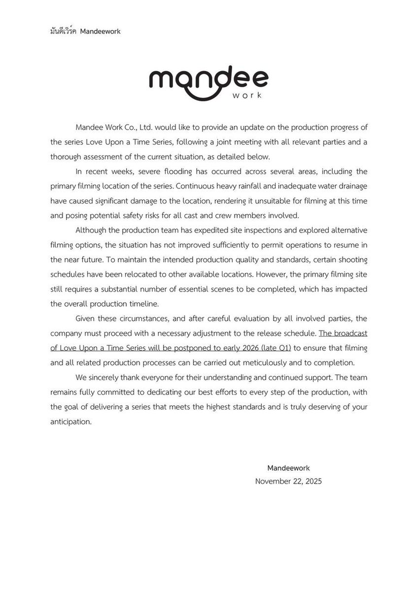 mandeeworkbr's tweet image. #LoveUponATimeSeries, o novo BL dos NetJJ, foi adiado para 2026 após enchentes danificarem o principal local de filmagem.