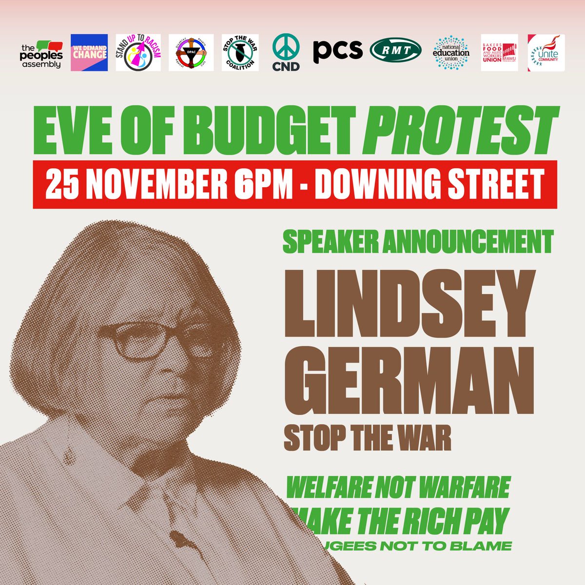 Our convenor <a href="/LindseyAGerman/">Lindsey German</a> will be among speakers at this Tuesday's eve of budget rally outside Downing St to demand an end to the government's militarism and drive to war

It's time our money was spent on #WelfareNotWarfare

🗓️ Tues 25 November
⏰ 6pm
📍 Downing St