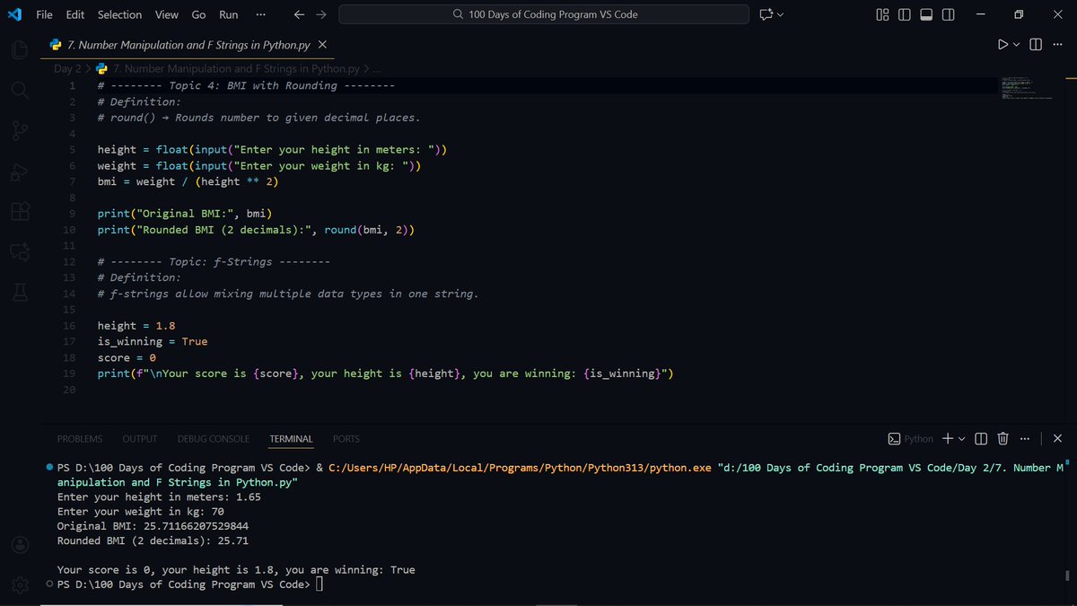 ahmad_logiccode's tweet image. [Python] Day 2 of my #100DaysOfCode journey

Exploring Data Types, Numbers, Operations, Type Conversions &amp;amp; f-Strings
The session ends with a practical mini project — Tip Calculator.

#Python #CodingJourney