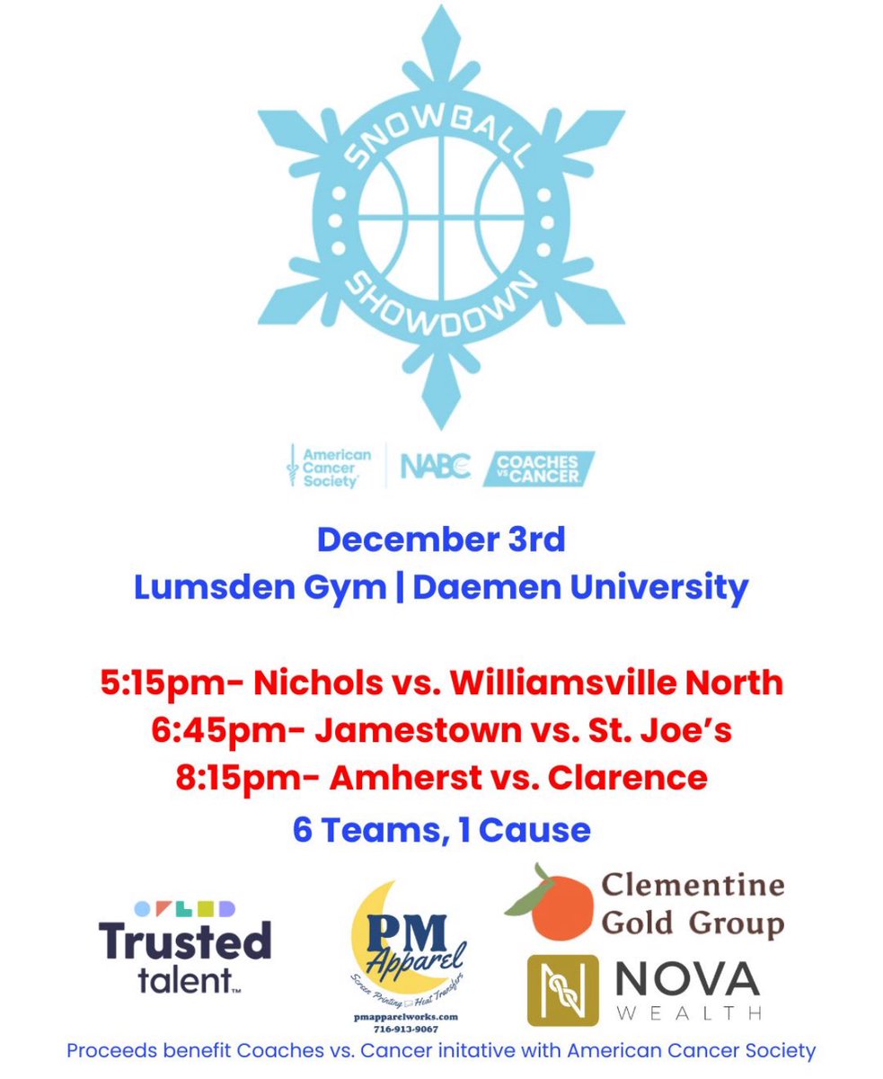 CvCUpstateNY's tweet image. Mark your Calendars 📅

@CoachesvsCancer event coming to @DaemenAthletics on 12/3

@WillNorthHoops vs @NicholsHoops1 
@StJoesHoops vs @JHSBasketball1 
@AmherstTigers1 vs @clarencevbb 

6 teams, 1 cause! #BeatCancer