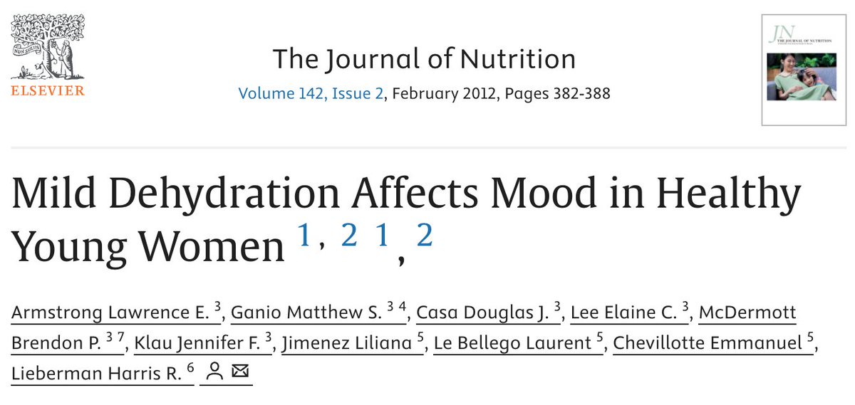 BrandonLuuMD's tweet image. Women with just 1.36% dehydration experience substantial mood deterioration:

↑ Anger-hostility 8%
↑ Fatigue 17%
↓ Vigor 12%
↑ Mood disturbance 19%
↑ Task difficulty perception 58%
↓ Concentration 45%
↑ Headaches 2x