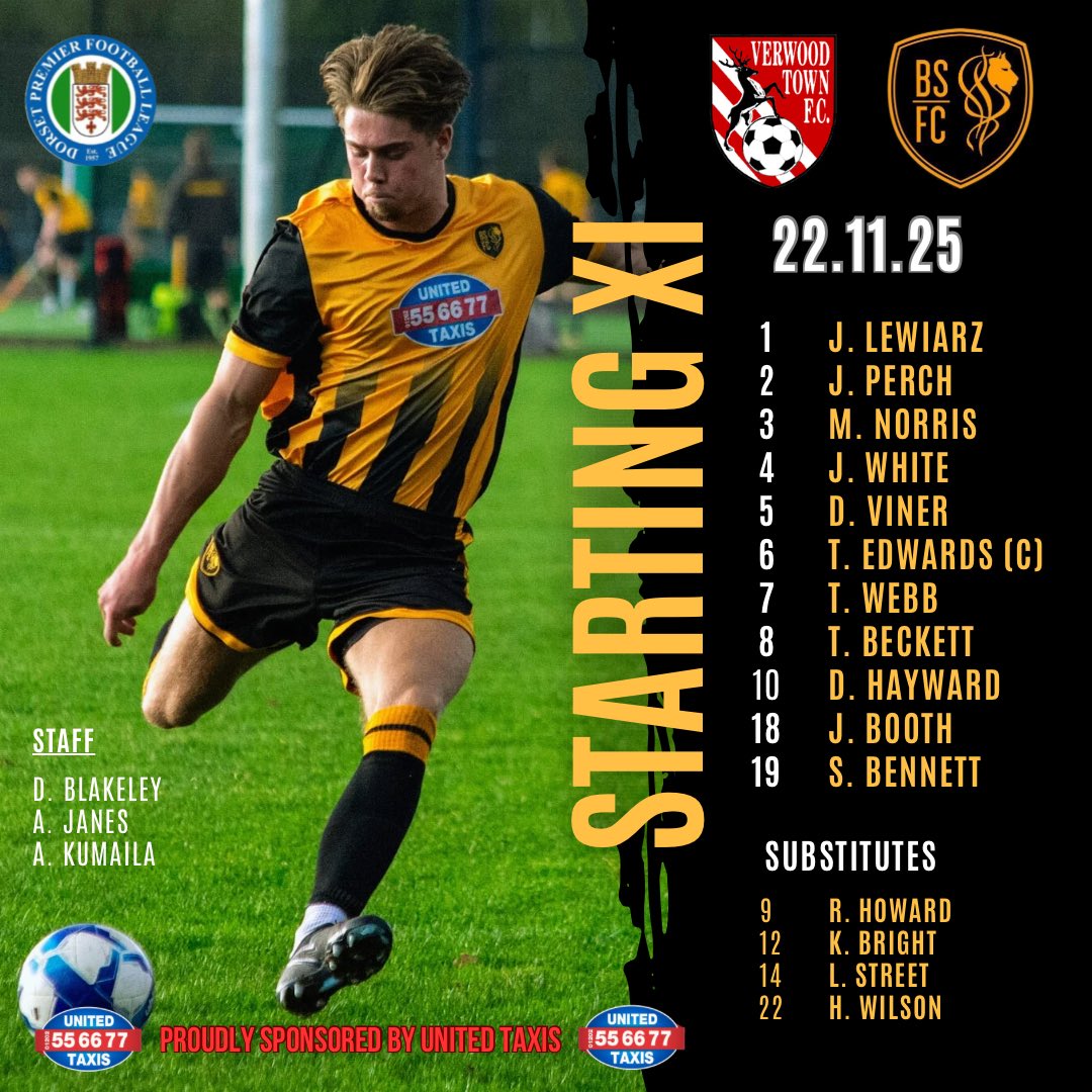 BmouthSportsFC's tweet photo. Here’s how we lineup today against @verwoodtownfc 💛🖤

@DPL_official @DorsetFootball @swsportsnews @BmthFootball @NonLeagueCrowd 

BSFC sponsored by @UnitedTaxis 🚕 https://t.co/UI7C22kMR2