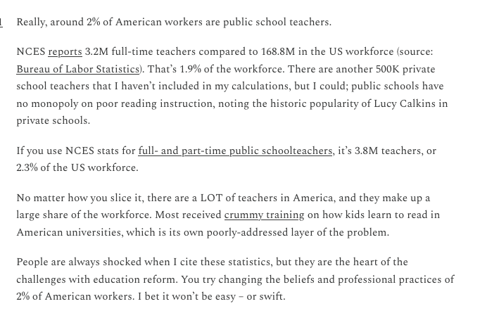 karenvaites's tweet image. Fun Fact: Teachers represent ~2% of the American workforce. 

Yes, really.

And teachers are generally not trained in learning sciences, as @HKorbey @ehanford and others have been explaining.

Every challenge in education reform runs through that stat.