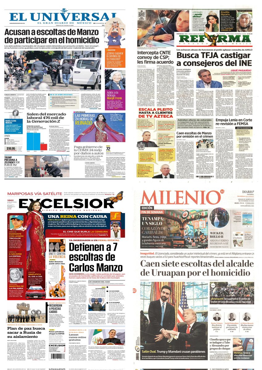 castroclemente's tweet image. Las #PrimerasPlanas 
#EnPortada 
- Detienen a escoltas de Carlos Manzo 
- Acusan fraude en #MissUniverse 
- Identifican a líderes de Bloque Negro 
- Hay #monos en pleito 

EsTT: Fátima y Andrea Meza; Eleazar por ataque a Teo; Jair Bolsonaro por detención
#Portadas 
#FelizSábado