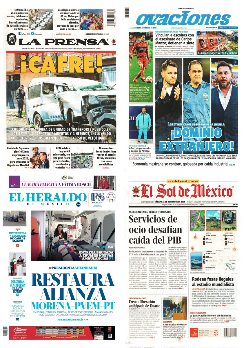 castroclemente's tweet image. Las #PrimerasPlanas 
#EnPortada 
- Detienen a escoltas de Carlos Manzo 
- Acusan fraude en #MissUniverse 
- Identifican a líderes de Bloque Negro 
- Hay #monos en pleito 

EsTT: Fátima y Andrea Meza; Eleazar por ataque a Teo; Jair Bolsonaro por detención
#Portadas 
#FelizSábado