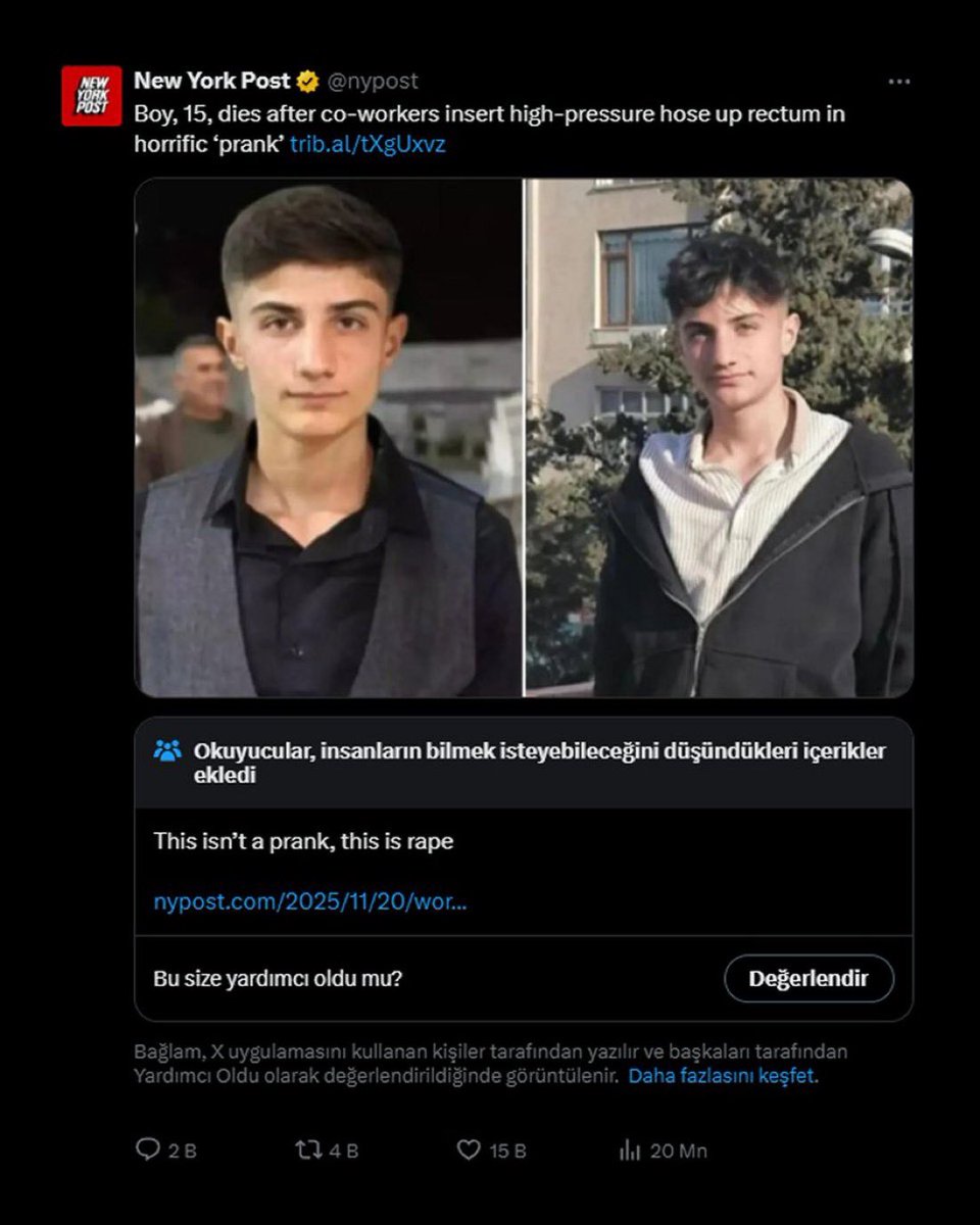 New York Post, makatına kompresörle hava basılarak öldürülen 15 yaşındaki Muhammed Kendirci'yi paylaştı. 

Başlıkta: "15 yaşındaki çocuk, iş arkadaşlarının makatına yüksek basınçlı hortum sokmasıyla korkunç bir şaka sonrası hayatını kaybetti." Şeklinde vermesi nedeniyle de