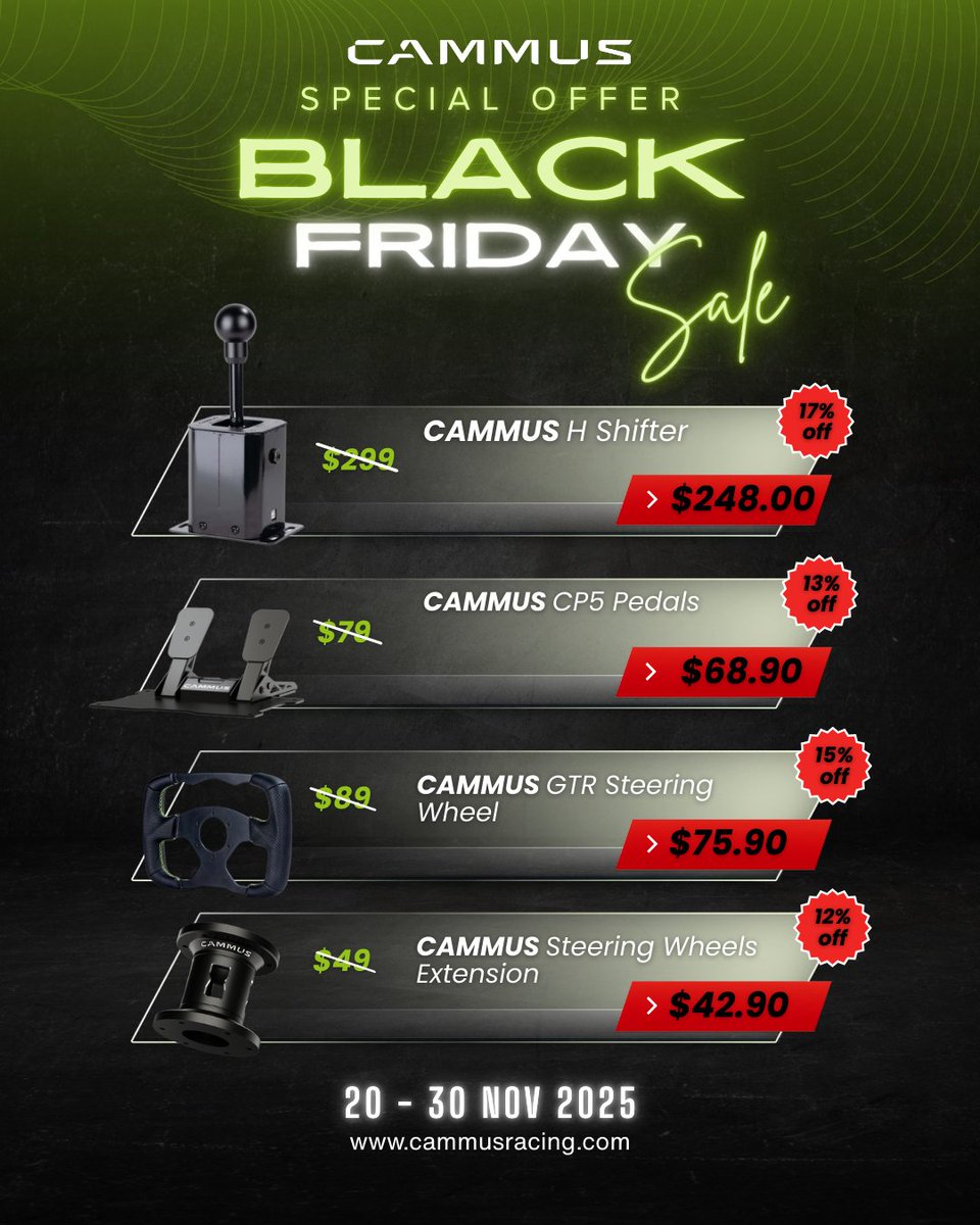 CAMMUS BLACK FRIDAY SALE IS LIVE!
DD wheels, LC100 pedals, shifters &amp; more — up to 22% OFF 🤯
⏳ Ends Nov 30
🏁 cammusracing.com
#BlackFridaySale #SimRacing #GamerDeals #CammusGear #SimRig